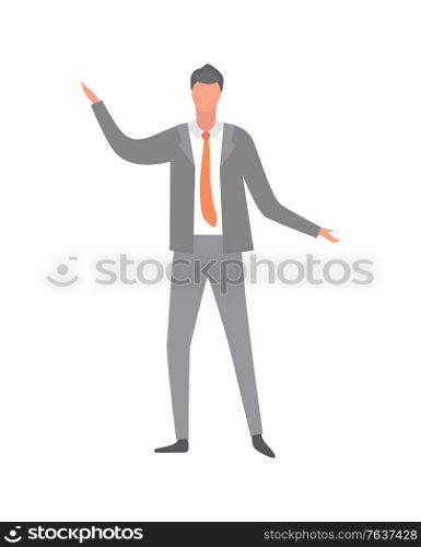 Man in suit and red tie isolated cartoon character. Male office worker in flat style. Businessman with stretched hands, speaker. Vector illustration in flat cartoon style. Man in Suit and Red Tie Isolated Cartoon Character