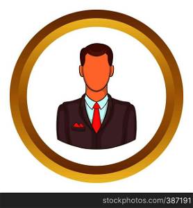 Man in suit avatar vector icon in golden circle, cartoon style isolated on white background. Man in suit avatar vector icon