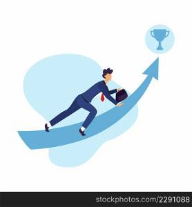 Man in suit crawls up career ladder. Achievement of goals and the winner&rsquo;s cup. Vector business illustration