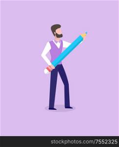 Man in suit holding big blue pencil, worker isolated on purple vector. Human wearing shirt and trousers in flat style. Person modern work character idea. Worker Man in Suit Holding Big Blue Pencil Vector