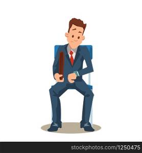 Man in Suit Sit on Chair Wait for Job Interview. Vacancy. Male Candidate for Employment Look at Watch. Recruitment. Employee Character in Formal Wear with Breifcase. Cartoon Flat Vector Illustration. Man in Suit Sit on Chair Wait for Job Interview