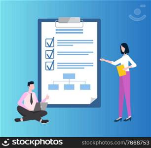 Man in suit sitting cross-legged with laptop. Woman standing near paper with check marks near completed items. Blue board with goals of targets vector. People with Laptop, Paper with Check Marks Vector