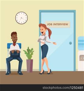 Man in Suit Wait Job Interview at Door in Corridor. Woman Manager Ask Male Employee to Office. Worried Character with Breifcase Sit on Chair at Hallway. Work Search. Cartoon Flat Vector Illustration. Man in Suit Wait Job Interview at Door in Corridor