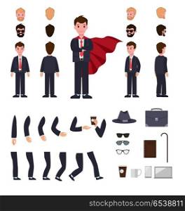 Man in Suit with Mantle. Character Creation Set. Man in suit with mantle. Character creation set. Different faces, various views of person. Bended hands, legs. Hat, stick, glasses, cup, notebook. Build your own design. Simple cartoon style Vector