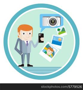 Man in suit with smartphone shows vacation photos. Concept for mobile application