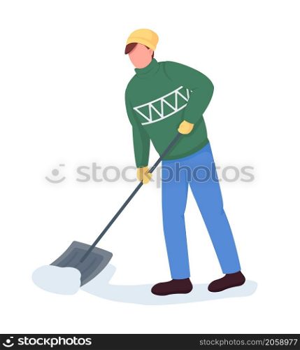 Man in sweater clean snow semi flat color vector character. Dynamic figure. Full body person on white. Winter isolated modern cartoon style illustration for graphic design and animation. Man in sweater clean snow semi flat color vector character