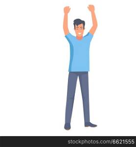 Man in t-shirt and trousers holds two hands up vector illustration in flat style design. Emotional nonverbal body language clue sign of win. Man Holds Two Hands Up Body Clue Sign of Win