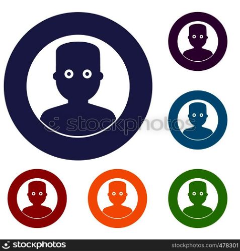 Man in the dark icons set in flat circle red, blue and green color for web. Man in the dark icons set