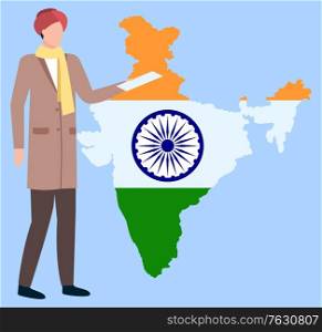 Man in turban and yellow scarf holding document standing near map of India with flag on blue background. International business concept. Vector illustration in flat cartoon style. Man in Turban Standing near Map of India Vector