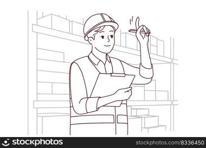 Man in uniform and helmet working in warehouse. Smiling male engineer or mechanic at storehouse or depot. Occupation and profession. Vector illustration. . Man engineer work at warehouse 