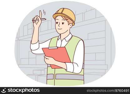 Man in uniform and helmet working in warehouse. Smiling male engineer or mechanic at storehouse or depot. Occupation and profession. Vector illustration.. Man engineer work at warehouse