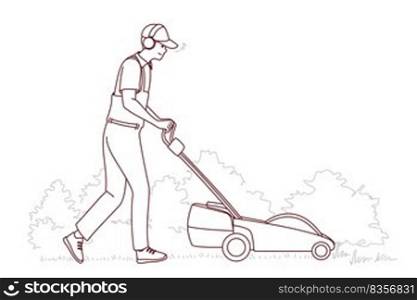 Man in uniform cut grass with electric lawn mower. Employee or worker push grass trimmer machine outdoors. Vector illustration.. Man in uniform with lawn mower