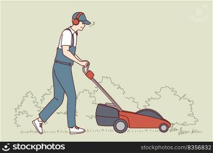Man in uniform cut grass with electric lawn mower. Employee or worker push grass trimmer machine outdoors. Vector illustration.. Man in uniform with lawn mower
