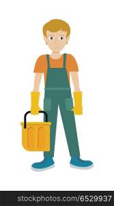 Man in uniform, rubber boots, gloves and bucket. Vector in flat design. Worker, builder, cleaner character. Illustration for profession concepts, app icons, infographics. Isolated on white background. Man Character Vector Illustration in Flat Style. Man Character Vector Illustration in Flat Style