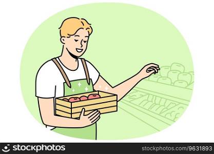 Man in uniform working in supermarket. Male employee busy in fruit shop or store. Occupation. Vector illustration.. Man in uniform working in supermarket