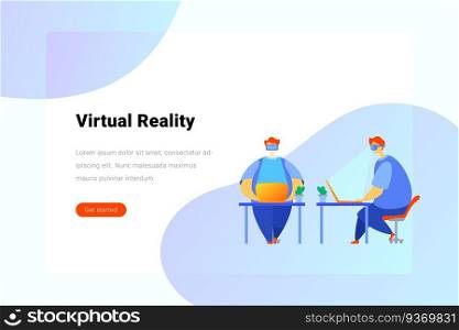 Man in Virtual Glasses works on laptop at workplace Virtual Reality concept Flat vector illustration.