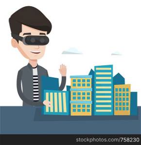 Man in virtual reality headset getting into vr world. Man developing an architectural project of the city using virtual reality glasses. Vector flat design illustration isolated on white background.. Happy young man wearing virtual reality headset.