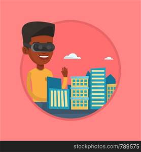 Man in virtual reality headset getting into vr world. Man developing an architectural project of city using virtual reality glasses. Vector flat design illustration in circle isolated on background.. Happy young man wearing virtual reality headset.