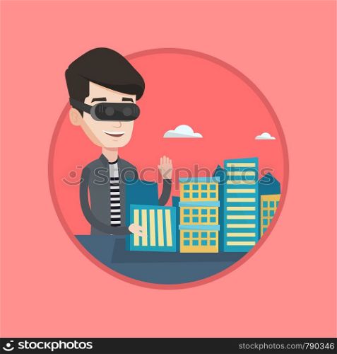 Man in virtual reality headset getting into vr world. Man developing an architectural project of city using virtual reality glasses. Vector flat design illustration in circle isolated on background.. Happy young man wearing virtual reality headset.