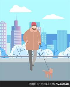 Man in warm clothes like overcoat walking his dog on leash. Person with pet in winter city park. Trees with white snow on krone. Beautiful cityscape on background. Vector illustration in flat style. Man Walking Dog on Leash in Winter City Park