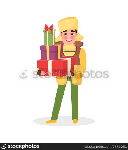 Man in warm winter cloth with Christmas presents in hands. Packed gift boxes in wrapping paper, guy going to make surprise. Male in hat and coat vector. Man in Warm Winter Cloth with Christmas Presents