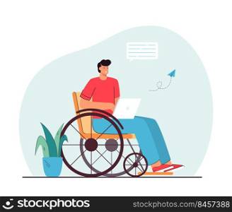 Man in wheelchair communicating online. Disabled male character holding laptop, sending messages, smiling. Modern technologies, internet concept for banner, website design or landing web page