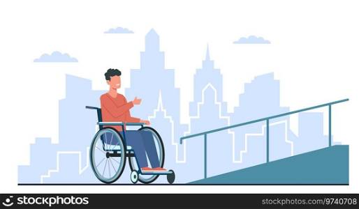 Man in wheelchair rejoices at presence of r&. Comfortable urban environment for disability people. Accessibility and inclusivity. Access building cartoon flat isolated illustration. Vector concept. Man in wheelchair rejoices at presence of r&. Comfortable urban environment for disability people. Accessibility and inclusivity. Access building cartoon flat isolated vector concept