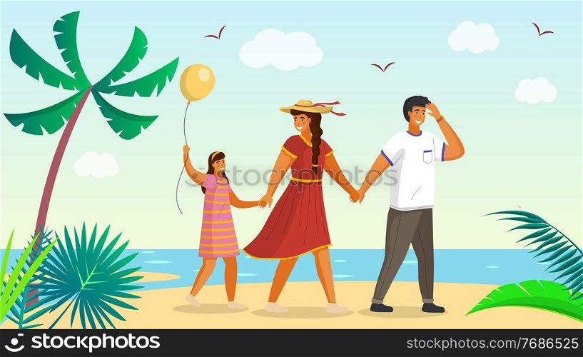 Man in white t-shirt, woman in red dress and wide-brimmed hat leads the girl s hand with balloon. Sunny beach, palms, exotic plants, sand, sea, seagulls. Tropic resort. Family spends time together. Dad squinting from sun, mother leads kid by hand. Family spends time together on sunny beach