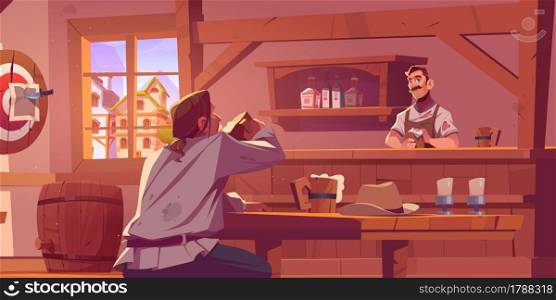 Man in wild west beer pub, retro cowboy saloon or tavern. Visitor in antique bar with barista clean mugs at desk, wooden benches and tables, shelf with bottles and darts, Cartoon vector illustration. Man in wild west beer pub, retro cowboy saloon
