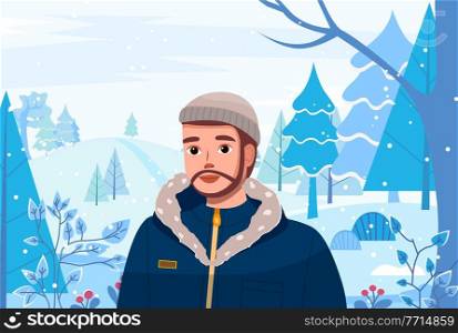 Man in winter snow forest landscape. Young bearded guy vector illustration in flat style walk in winter time. Male character wearing in warm jacket with a hood and in a cap in winter park sunny day. Man in winter snow forest. Young guy vector illustration in flat style walk in winter time