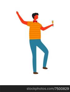Man in yellow t-shirt and blue jeans celebrate Christmas. Drunk guy with glass of champagne send best wishes to everyone in New Year, vector isolated. Man in Yellow tshirt and Jeans Celebrate Christmas