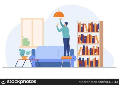Man inserting light bulbs into chandelier. Repair, lighting. Flat vector illustration. Housekeeping concept can be used for presentations, banner, website design, landing web page