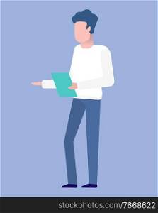 Man investor with sheet of paper isolated cartoon person. Vector male read documents or make a report on investment, investor or businessman, young worker. Man Investor, Paper List, Isolated Cartoon Person