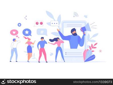 Man Inviting People Join Social Networks Metaphor Poster. Male Character with Megaphone on Mobile Screen Advertising Media Community Group. People Queue Talking Phones. Vector Flat Illustration. Man Inviting People Join Social Networks Metaphor