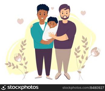 man is adopting a child. Two happy men, dark-skinned and light-skinned, are holding a newborn. Vector. Happy LGBT family with little son. Fathers day - childcare, banner concept, website design
