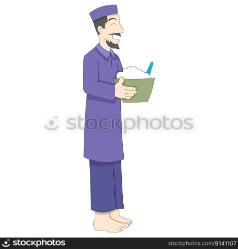 Man is carrying a basket of rice to break his fast. vector design illustration art