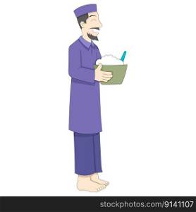 Man is carrying a basket of rice to break his fast. vector design illustration art