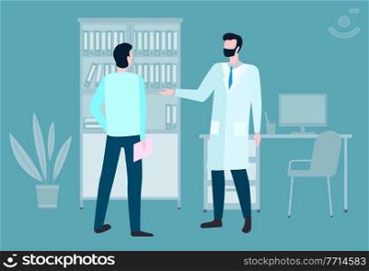 Man is communicating at a consultation with doctor. Therapist and patient at hospital appointment. A man in a medical gown stands with a clipboard. Male character telling the doctor about the symptoms. Man is communicating at a consultation with doctor. Therapist and patient at appointment in hospital