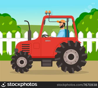 Man is driving tractor on the road near the meadow . Bearded farmer is siting in agrimotor cabin on nature landscape. Agriculture driver profession, harvesting and cultivation in summer in countryside. Man is driving tractor on the road near the meadow. Farmer siting in agrimotor on nature landscape