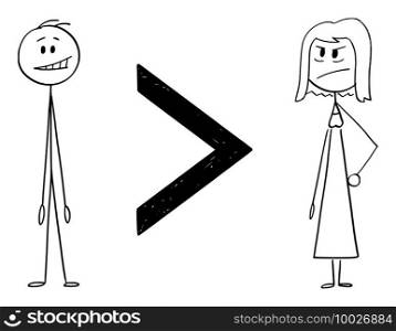 Man is greater than woman, inequality of sexes, vector cartoon stick figure or character illustration.. Inequality of Sexes, Man is Greater Than Woman, Vector Cartoon Stick Figure Illustration