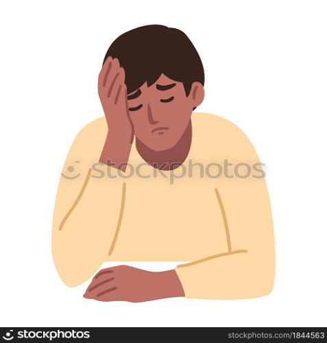 Man is having a headache. Boy feels anxiety and depression. Psychological health concept. Nervous, apathy, sadness, sorrow, unhappy, desperate, migraine. Flat vector illustration.