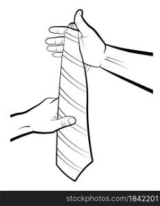 man is holding a striped tie in his hands, trying on a suit. Business style clothing, men&rsquo;s fashion. Isolated vector on white background
