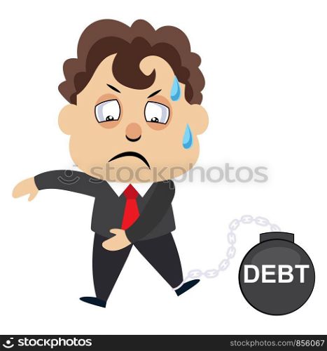 Man is in debt, illustration, vector on white background.
