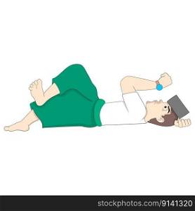Man is laying down while looking at his watch waiting for the time to break his fast. vector design illustration art