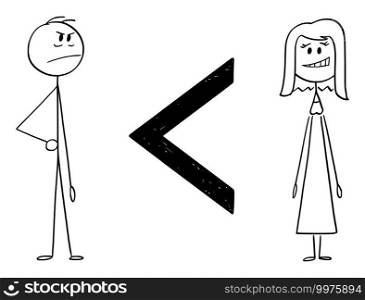 Man is less than woman, inequality of sexes, vector cartoon stick figure or character illustration.. Inequality of Sexes, Man is Less Than Woman, Vector Cartoon Stick Figure Illustration