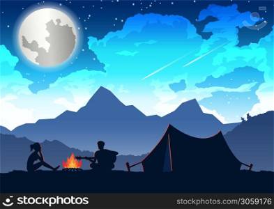 man is playing guitar and woman is listening at their camping trip,vector illustration
