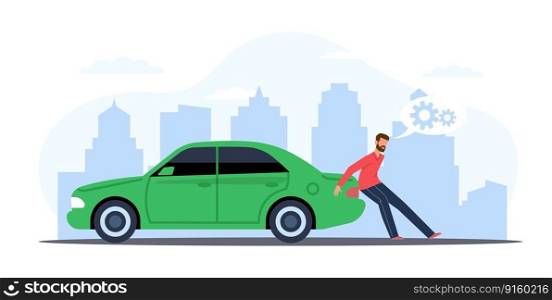 Man is pushing broken car down city road. Vehicle on roadside push to service repairing. Accident with transport, damaged automobile cartoon flat style illustration. Vector prevent breakdowns concept. Man is pushing broken car down city road. Vehicle on roadside push to service repairing. Accident with transport, damaged automobile cartoon flat illustration. Vector prevent breakdowns concept