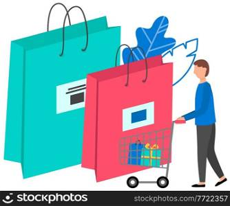Man is shopping for a good interest rate percentage. The guy with shopping cart isolated on background with large packages. Male character is buying gifts for the holidays vector illustration. Man shopping for a good interest rate percentage. The guy with shopping cart next to large packages