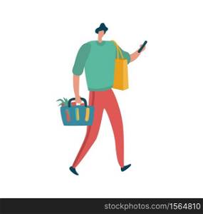 Man is shopping with holding bags, male shopper with basket. Modern character with package full of products and hold bag in hand in supermarket or mall, flat vector isolated cartoon illustration. Man is shopping with holding bags, male shopper with basket. Character with package full of products and hold bag in hand in supermarket, flat vector isolated cartoon illustration