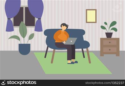 Man is sitting at home on the sofa and working on the laptop on his lap flat vector illustration.